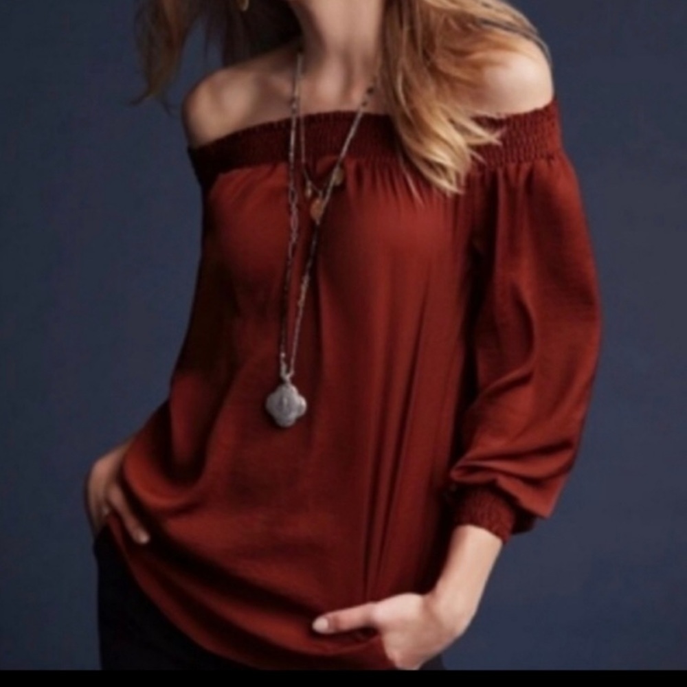 Cabi Cooper Foxy Smocked Satin Blouse off shoulder, Burnt Orange